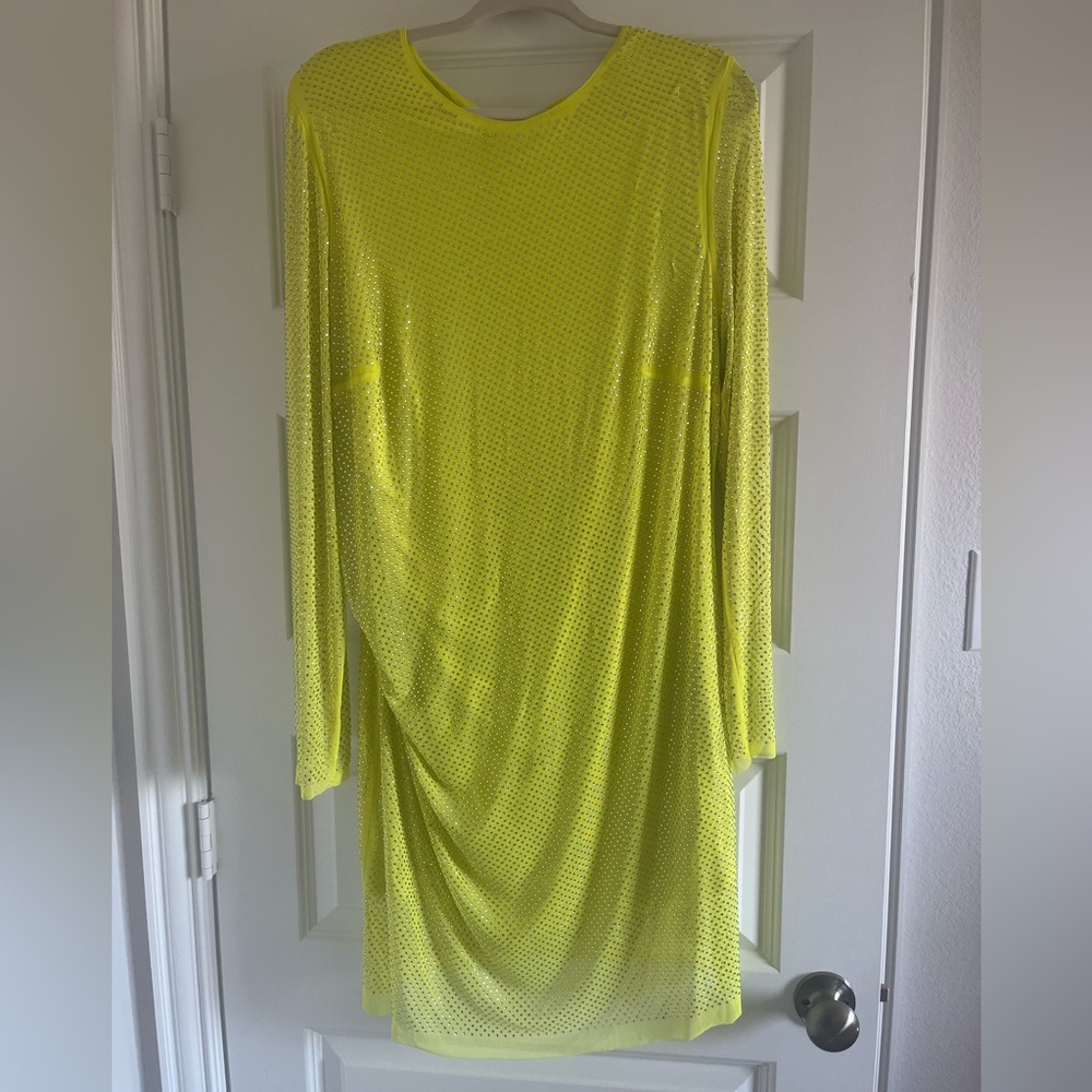 Never worn. Neon yellow midi rhinestone mesh dress with lining. Size XL